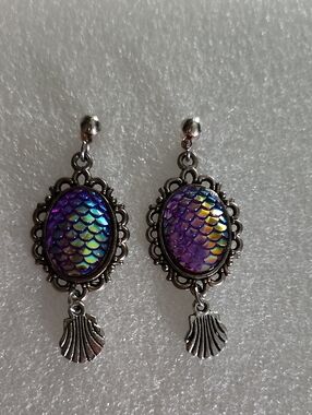 Iridescent Purple Mermaid-Scale Drop Earrings with Shell Charm